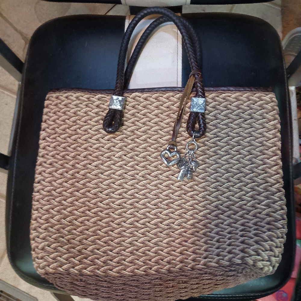 Woven Brighton Large Tote with Dark Brown Handles and Charms And Floral Lining